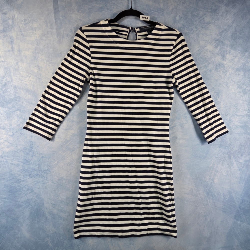 French Connection Women Navy White Striped 3/4 Sleeve Bodycon Dress Size XS 4
